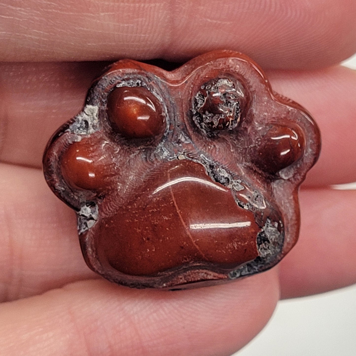 Hand holding a small, mookaite paw prints in various shades of brown, black, and beige.