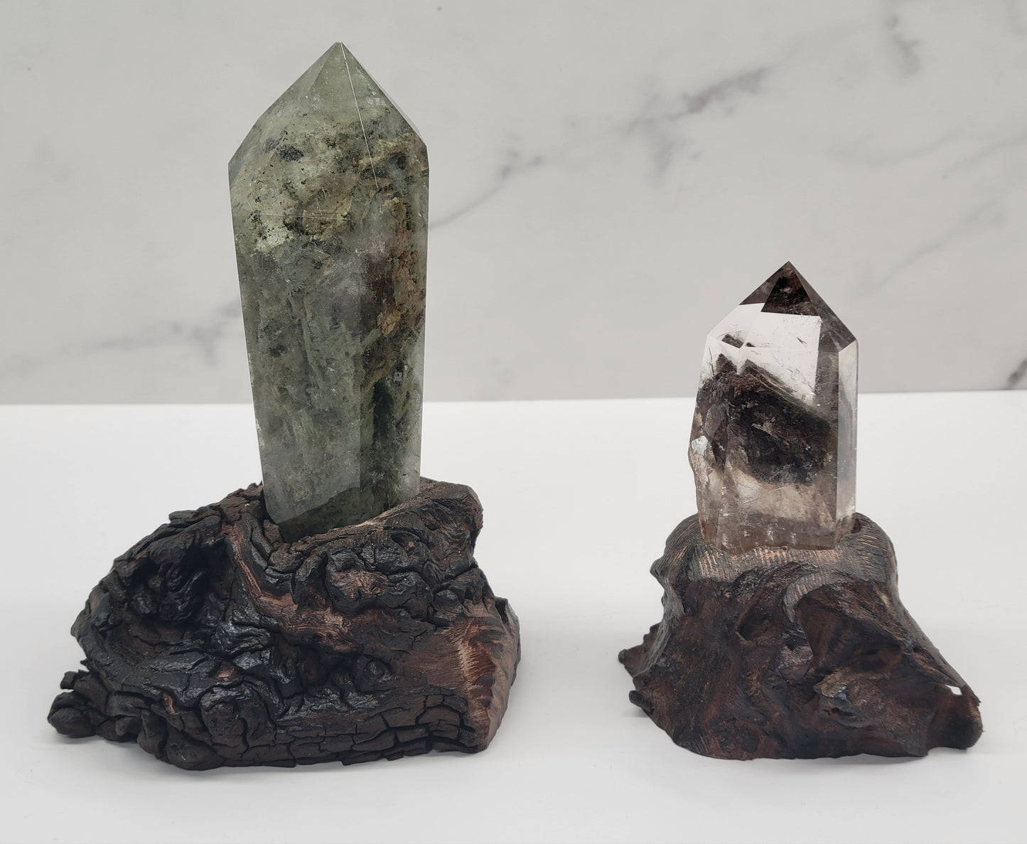 Garden Quartz statement towers on driftwood stand