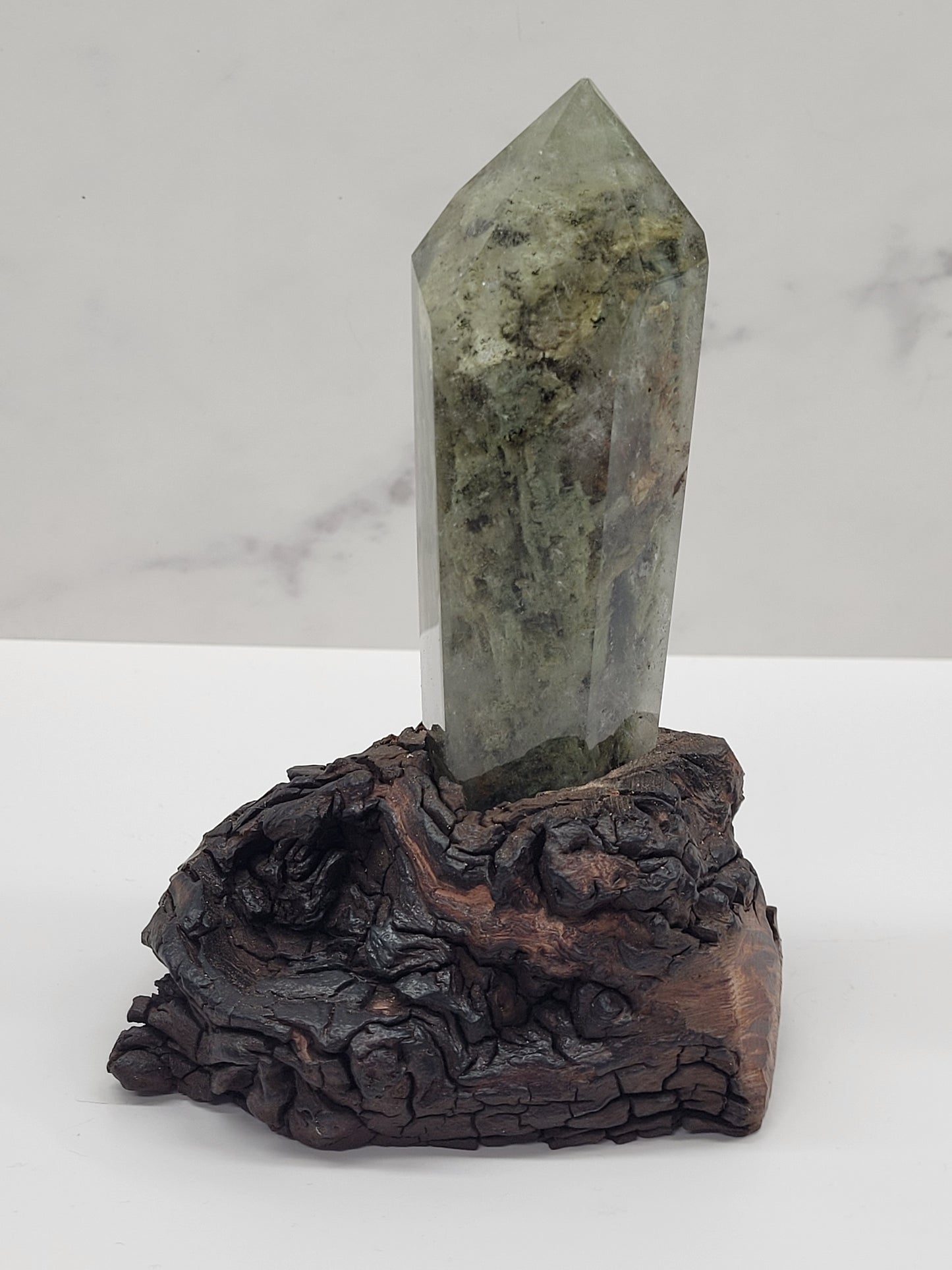 Garden Quartz statement towers on driftwood stand