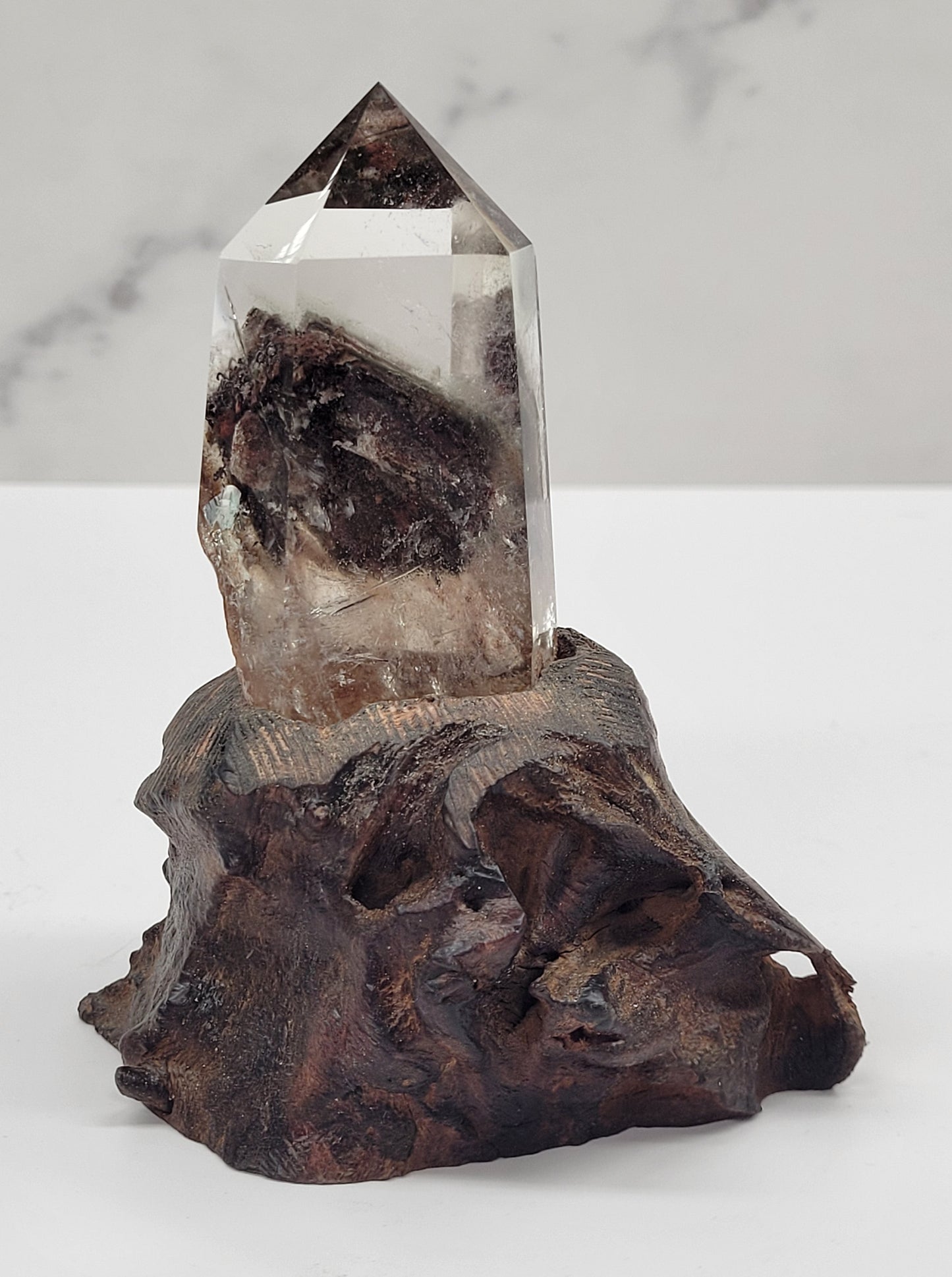 Garden Quartz statement towers on driftwood stand