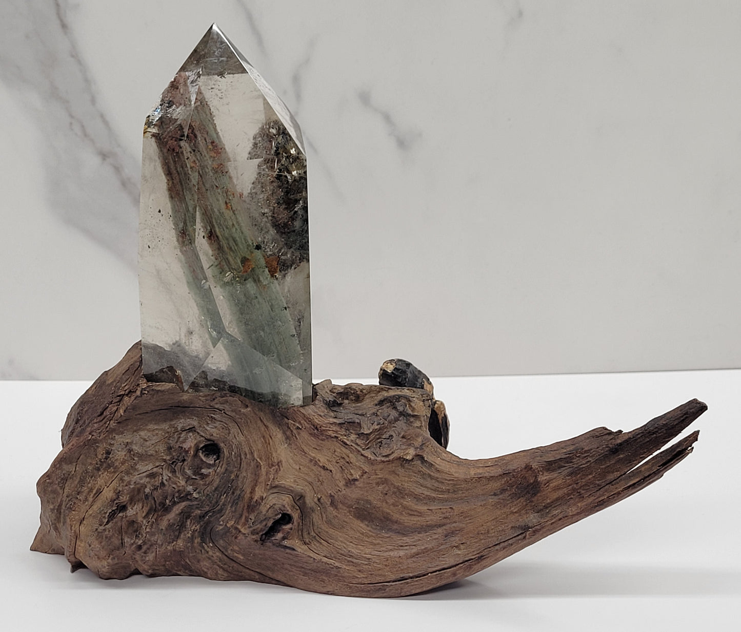 Garden Quartz statement towers on driftwood stand