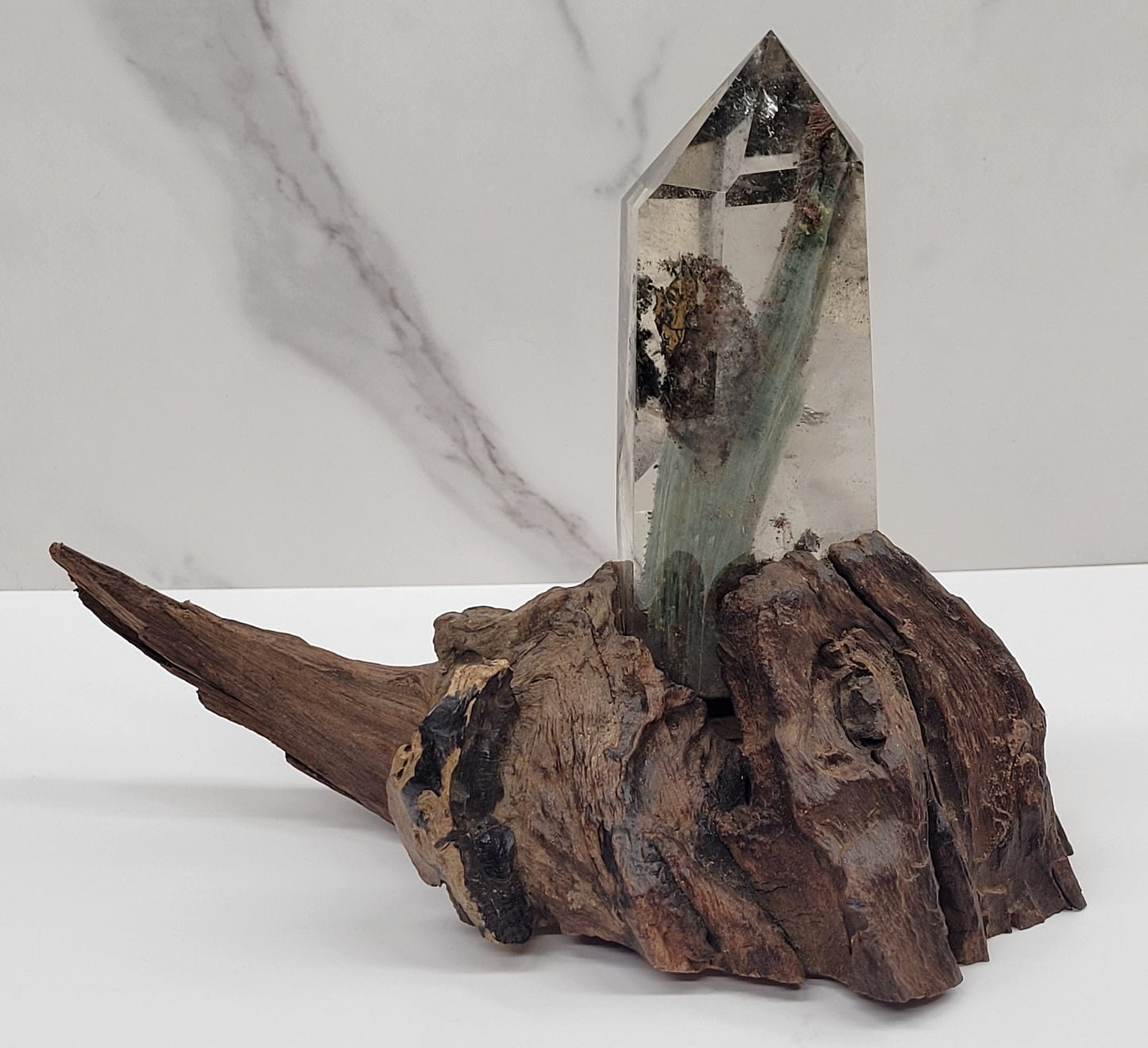 Garden Quartz statement towers on driftwood stand