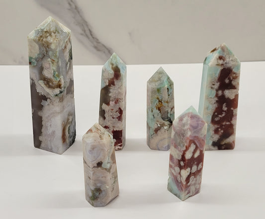 Green Flower Agate with Hematite tower