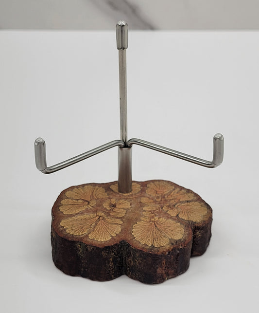 Crystal display stand with funky wood base