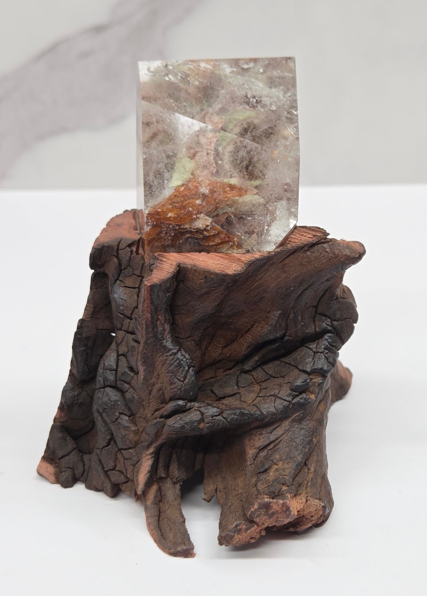 Garden Quartz statement towers on driftwood stand