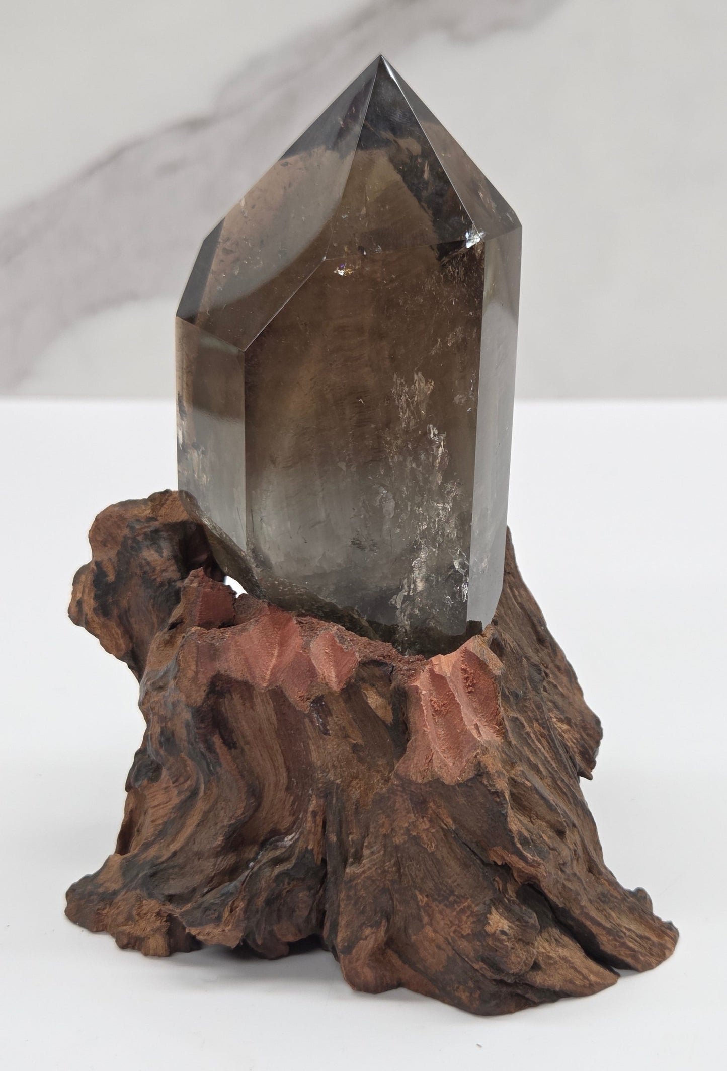 Garden Quartz statement towers on driftwood stand