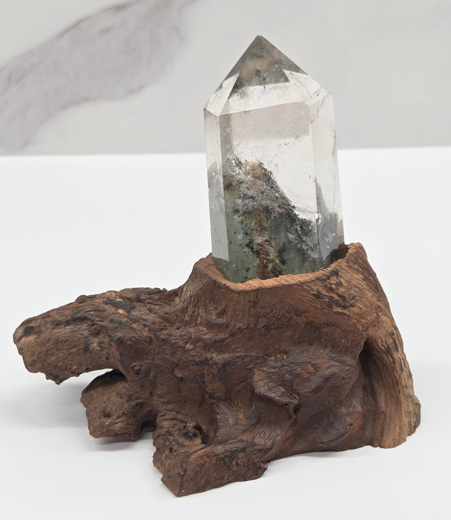 Garden Quartz statement towers on driftwood stand