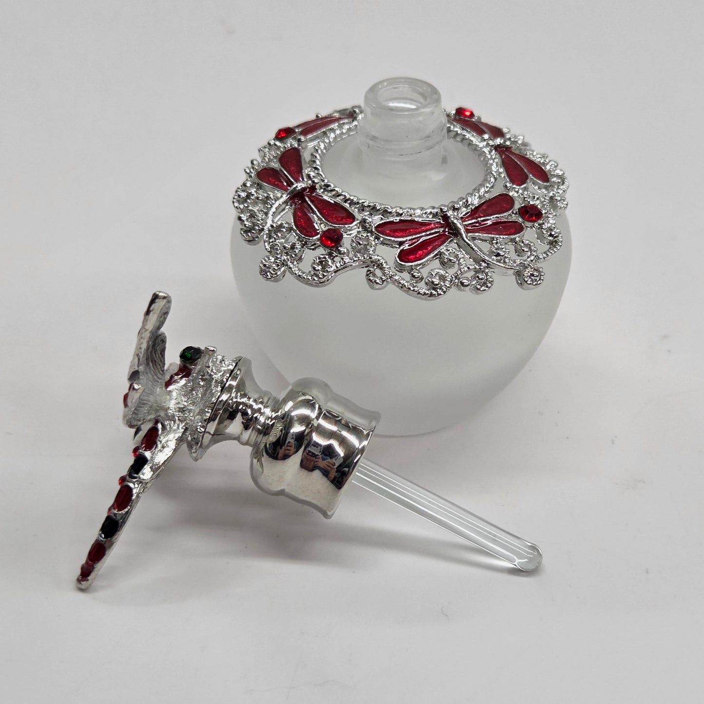 Perfume bottle - Clear bottle w/ red & black dragonfly