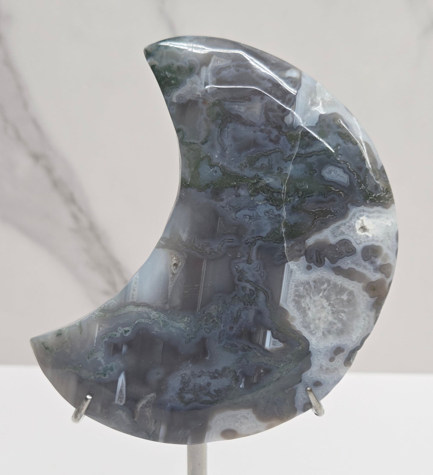 Moss Agate moon carvings