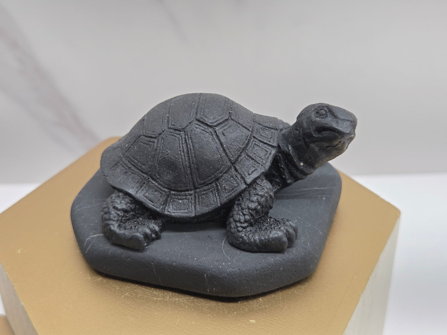 Shungite turtle carving on a wooden base against a marble background