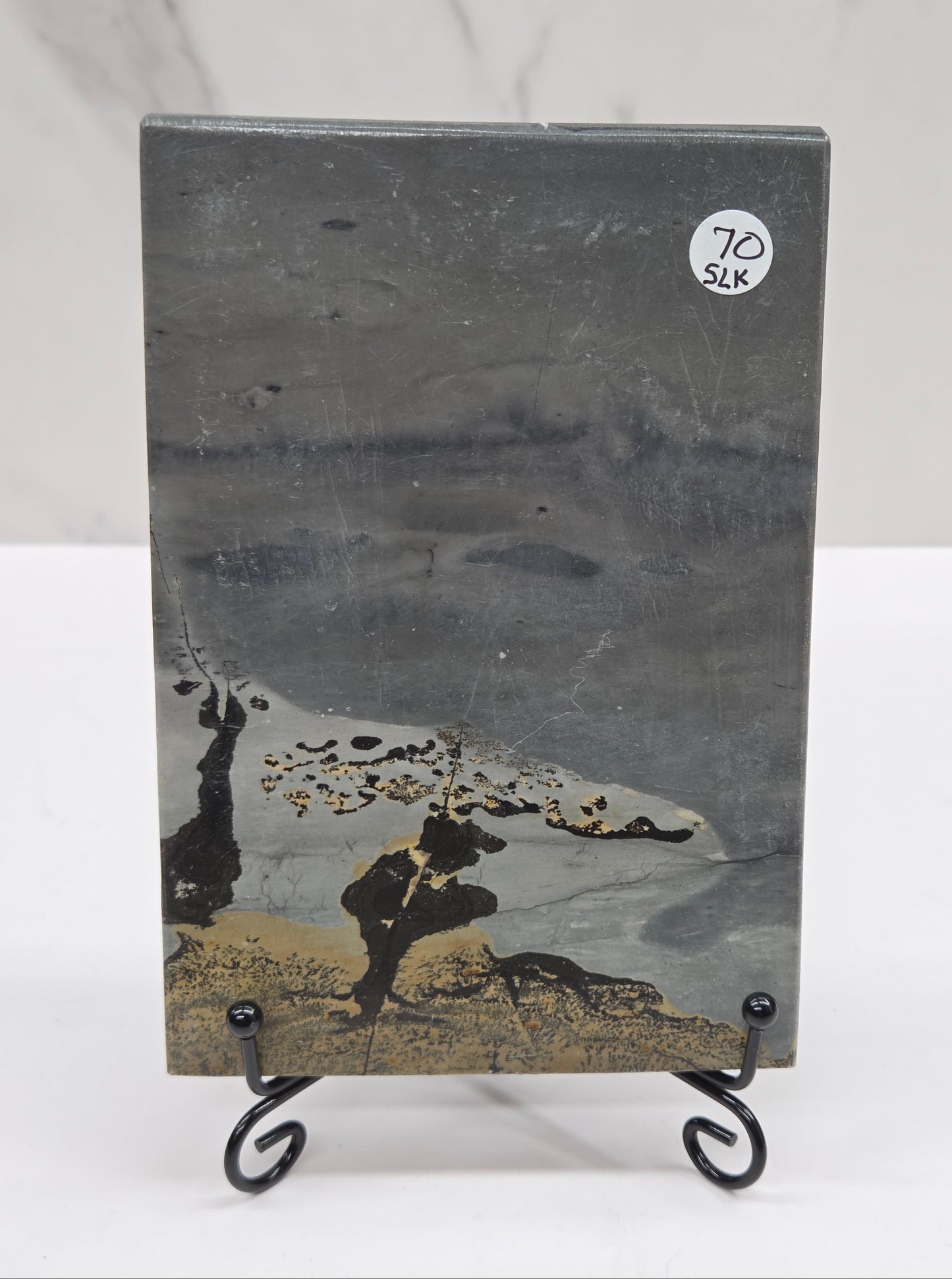 Picture Jasper slab with patterns on a black stand against a white background