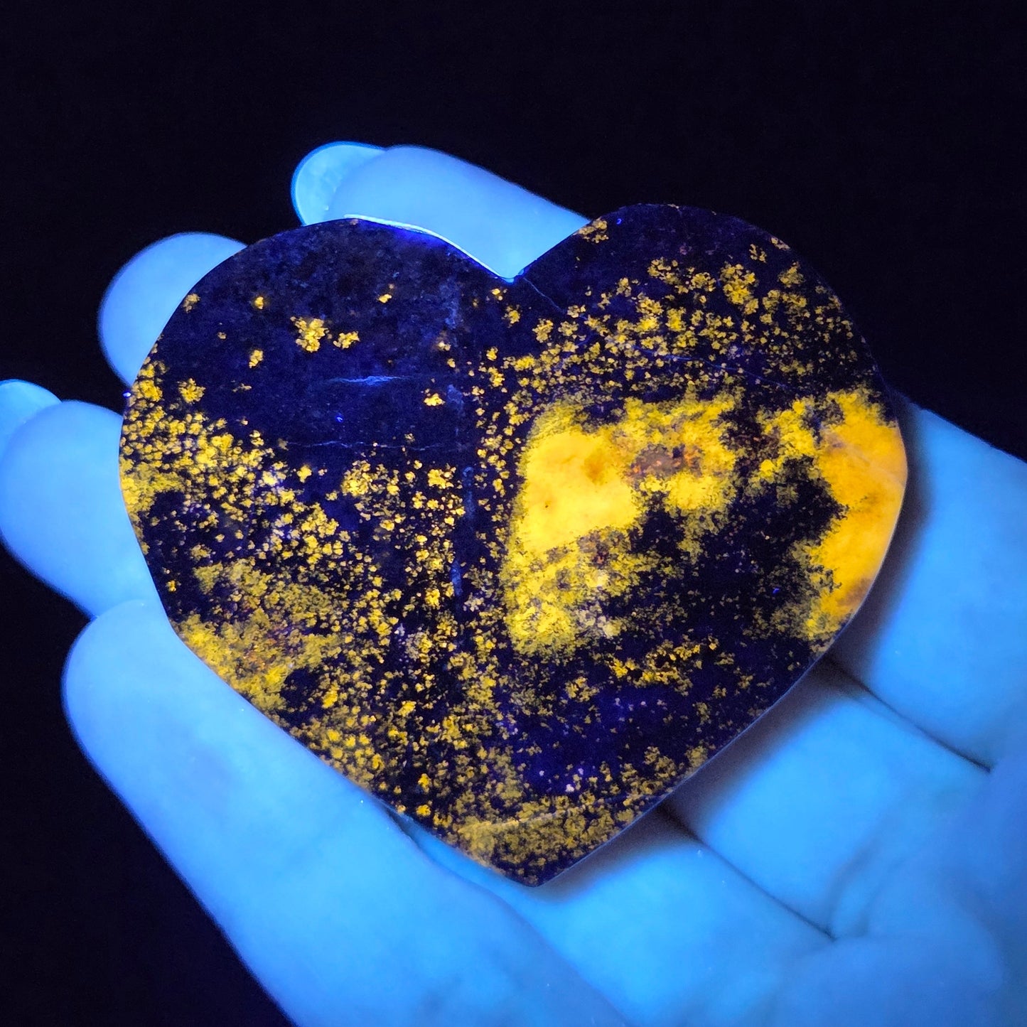 Heart-shaped object with yellow speckles under black light, held by a gloved hand.