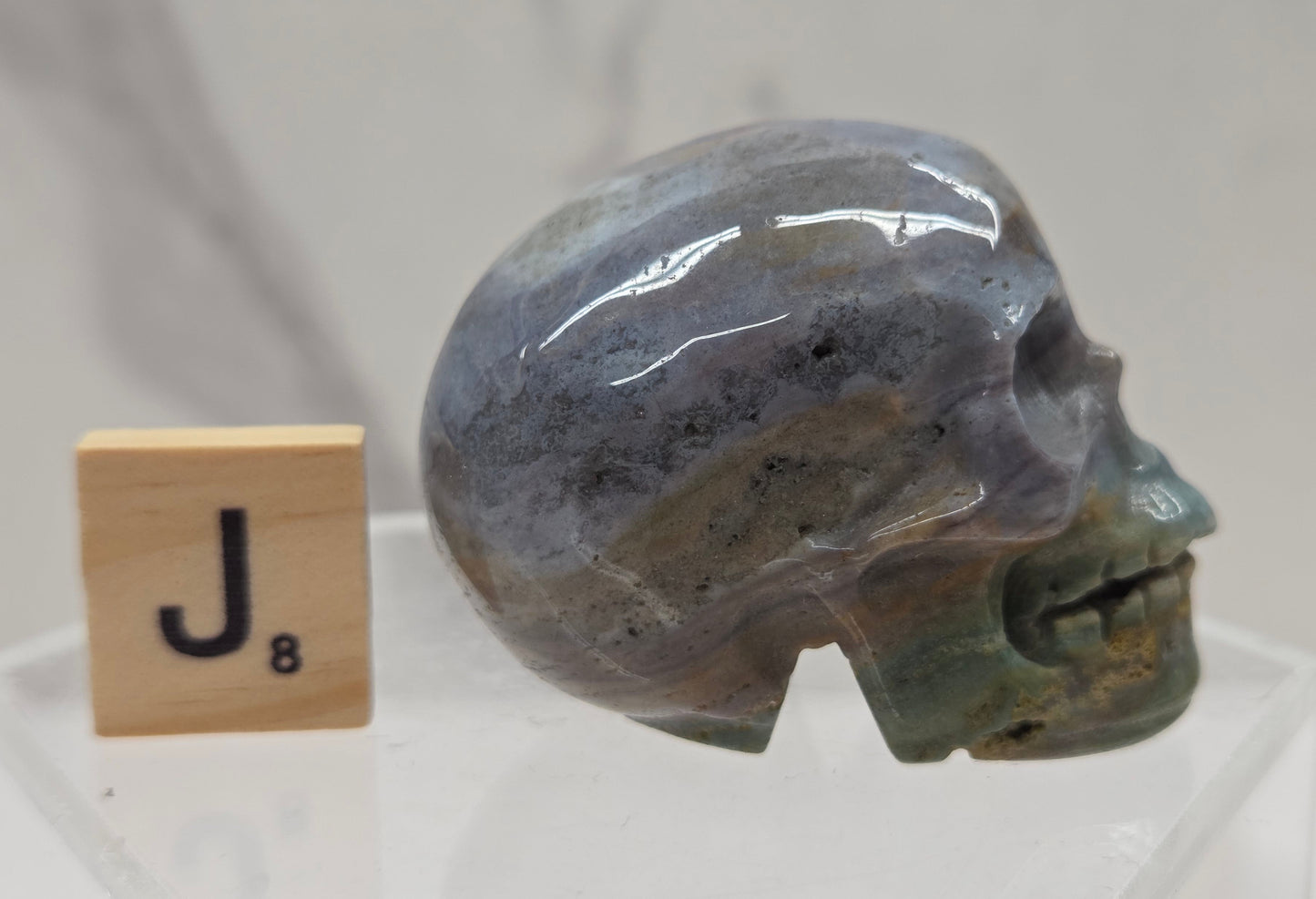 Moss Agate skull carving on a white background
