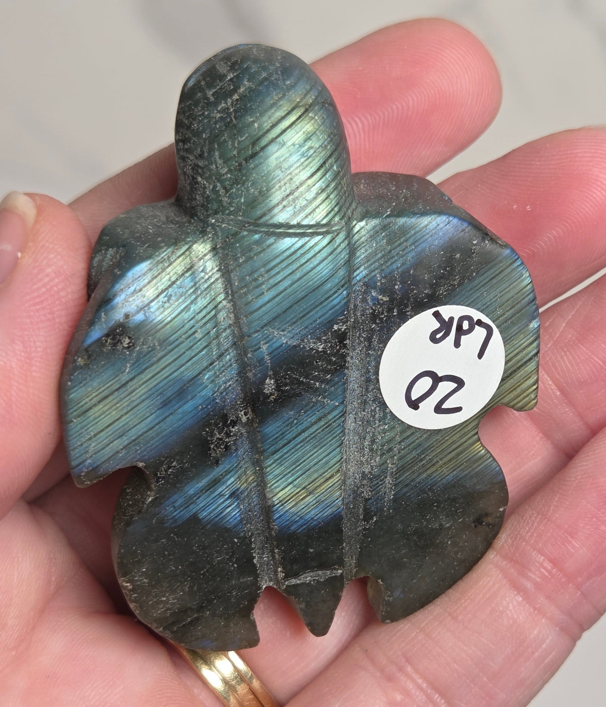 A hand holds a carved labradorite turtle-shaped piece showing iridescent blue, green, and gray flashes, with a small white sticker reading 'LP 02' on the side.