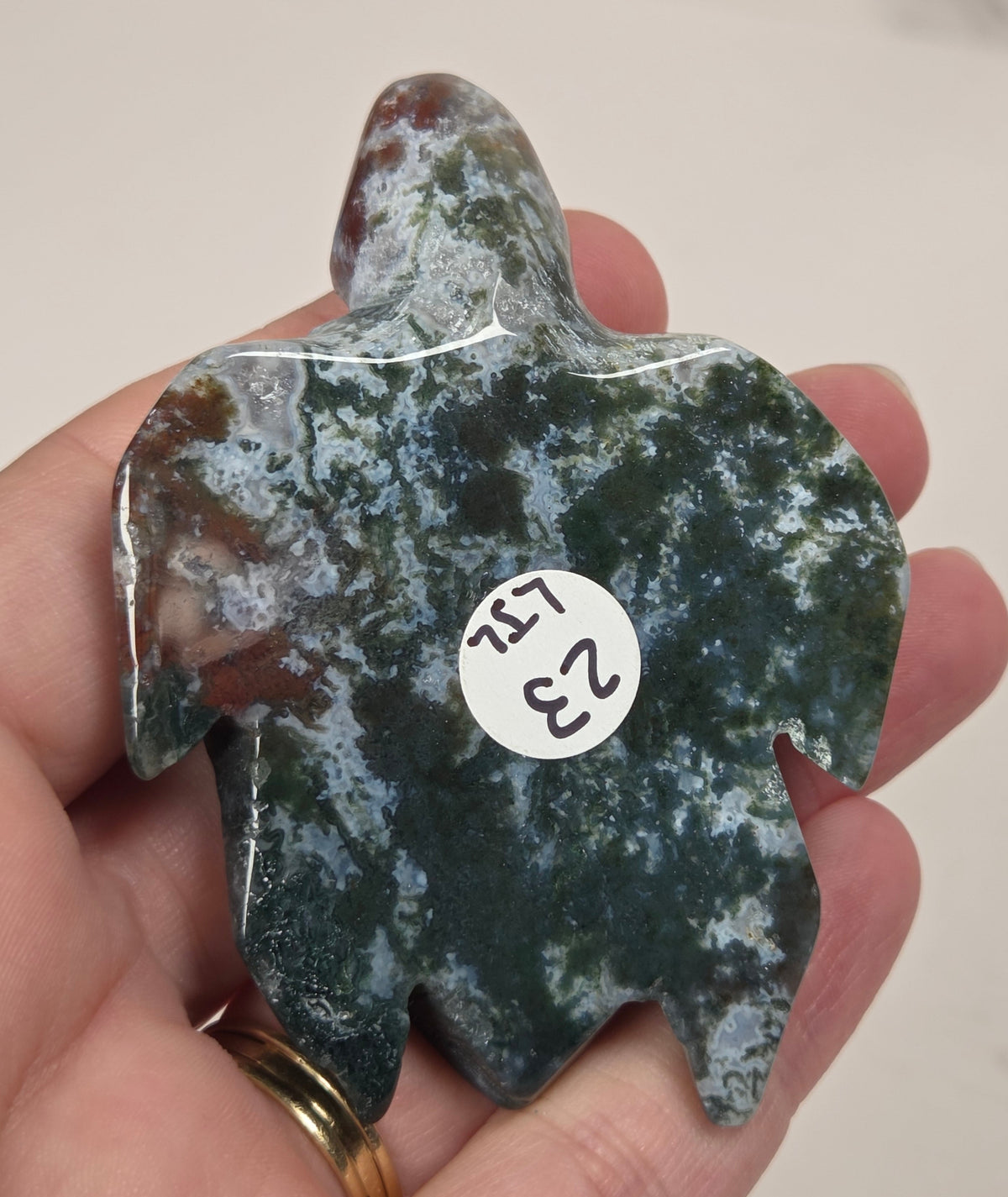 A hand holding a polished green stone carved in the shape of a turtle, with a white circular sticker marked '23' on the back. The stone has natural marbled patterns of green, gray, and brown.