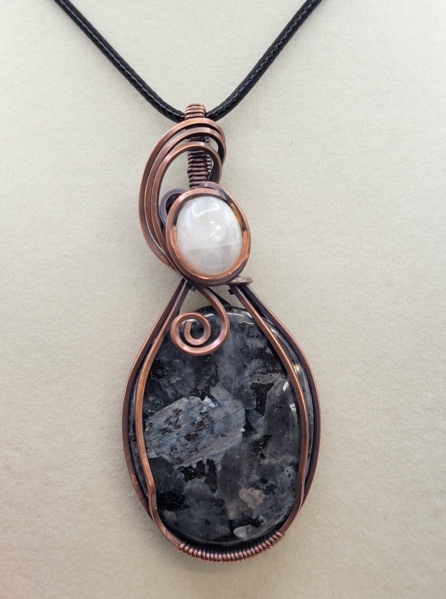 Wire wrapped cabochon necklace - Larvikite w/ Moonstone