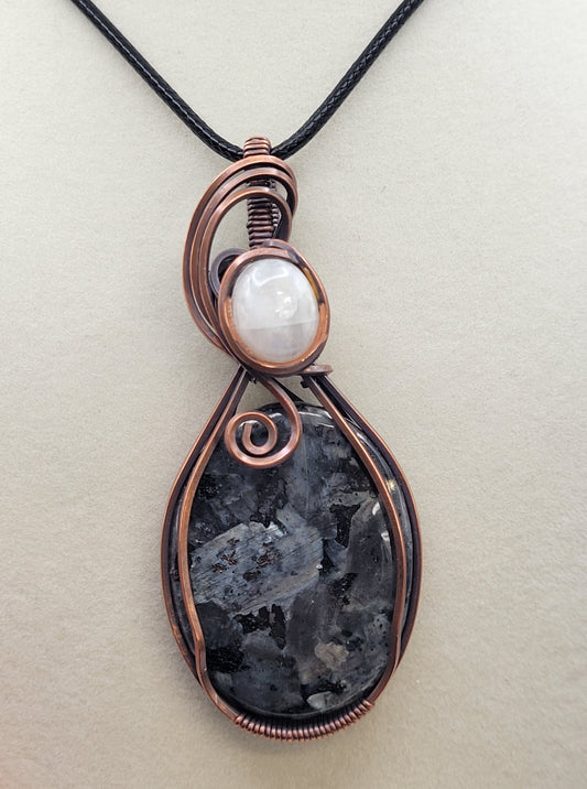 Wire wrapped cabochon necklace - Larvikite w/ Moonstone