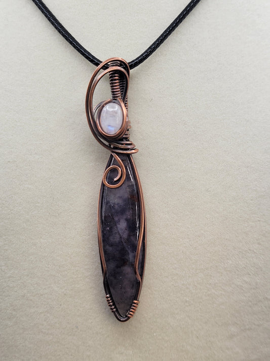Wire wrapped cabochon necklace - Iolite w/ Moonstone