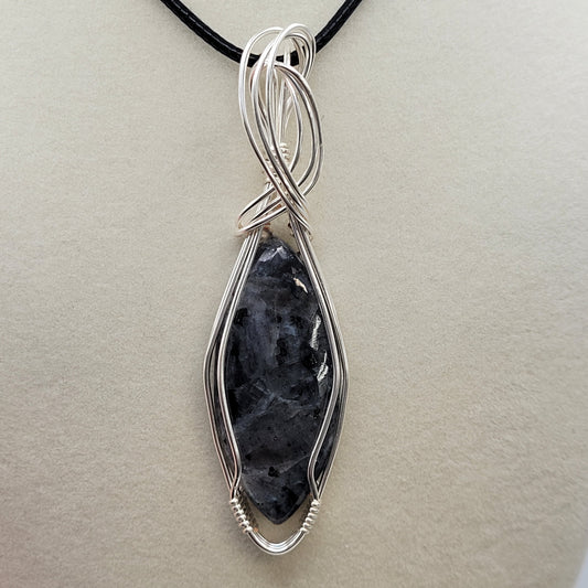 Wire wrapped cabochon necklace - Larvikite