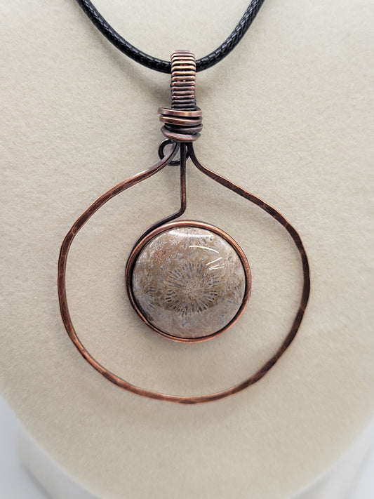 Wire wrapped cabochon necklace - Fossil Coral