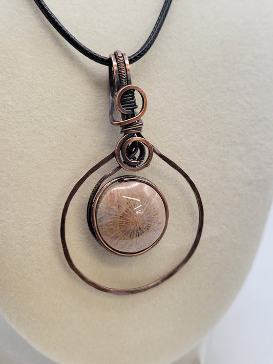 Wire wrapped cabochon necklace - Fossil Coral