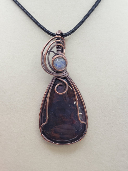 Wire wrapped cabochon necklace - Red Moss w/ Moonstone