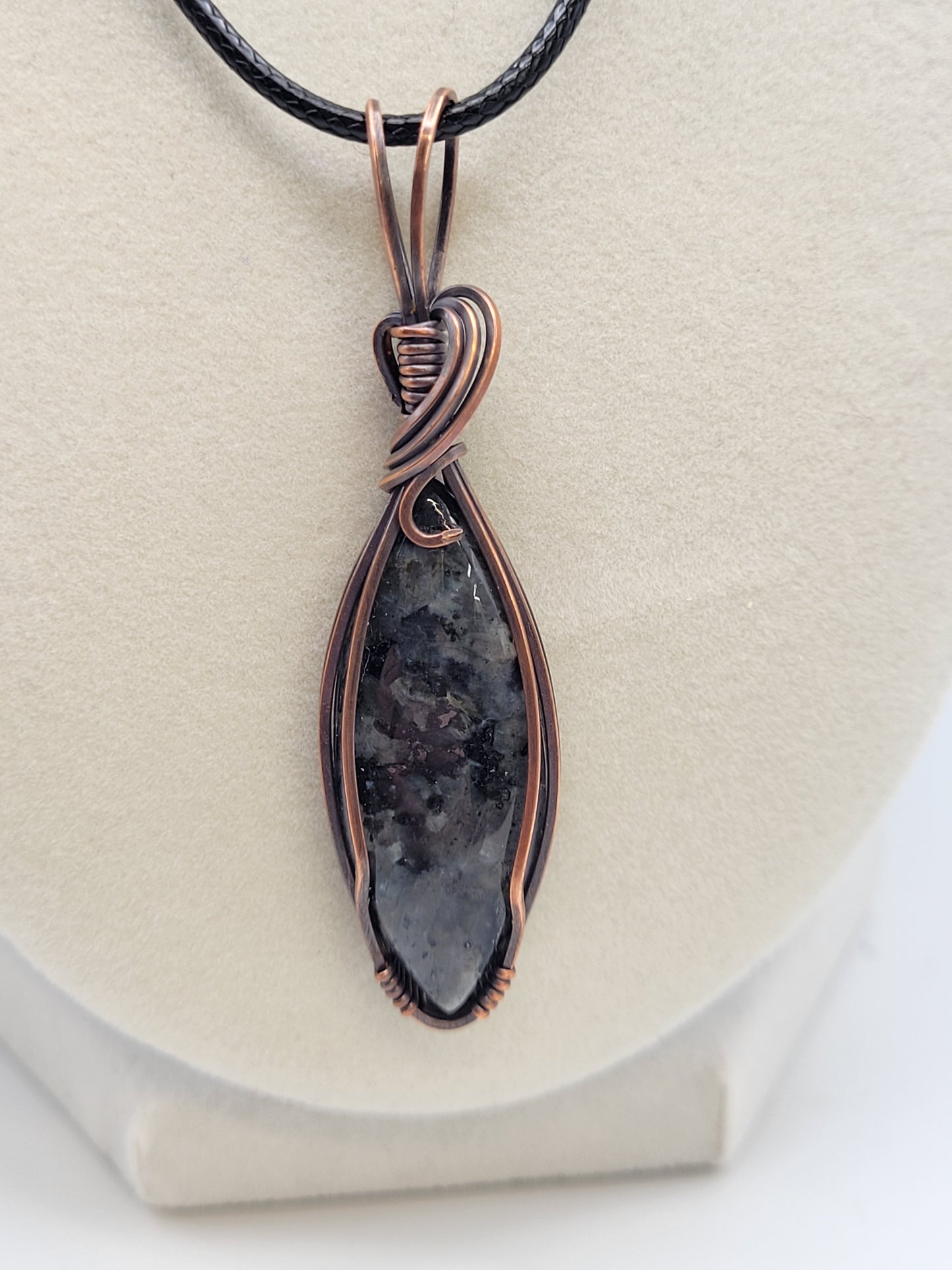 Wire wrapped cabochon necklace - Larvikite