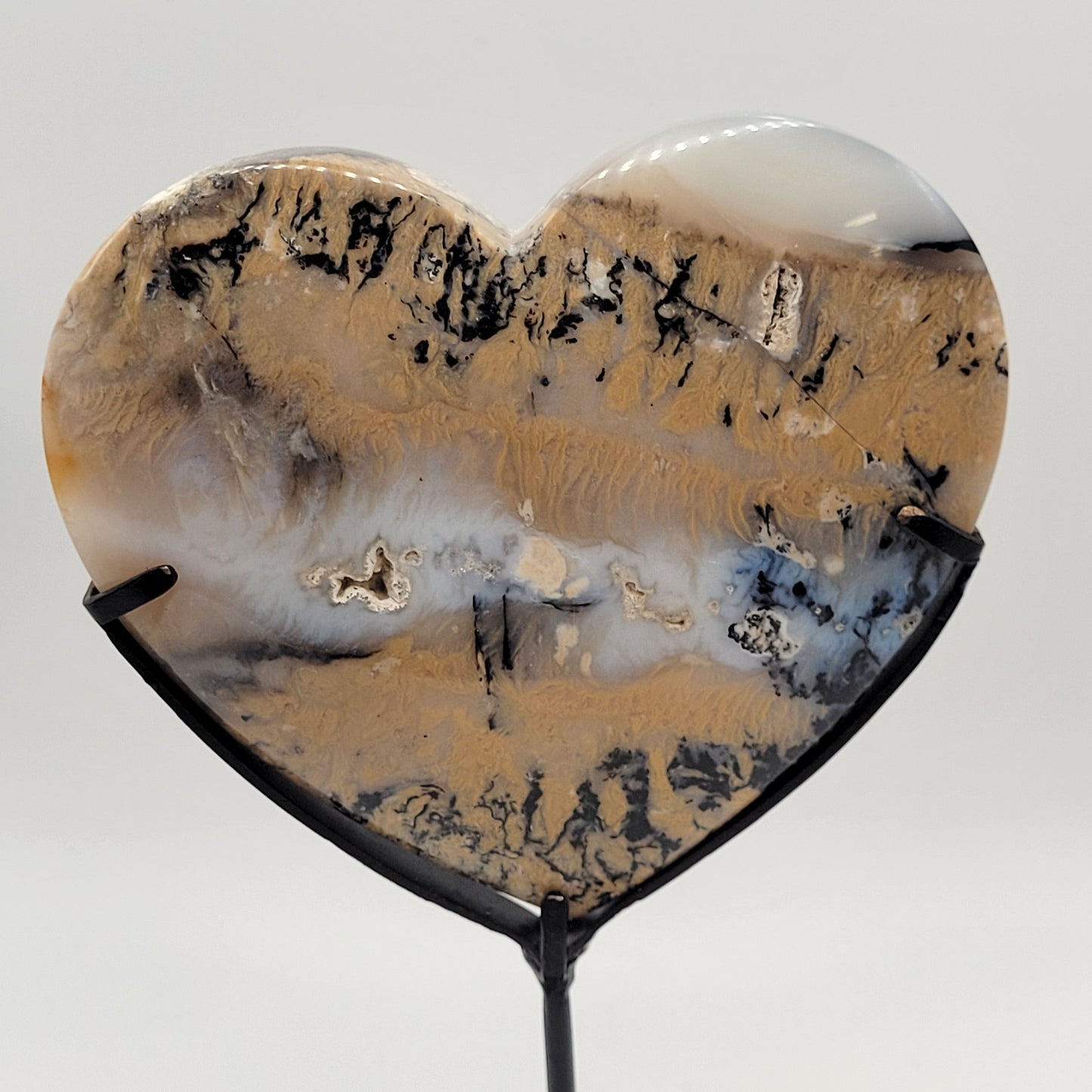 Dendritic Tiger Agate heart on stand
