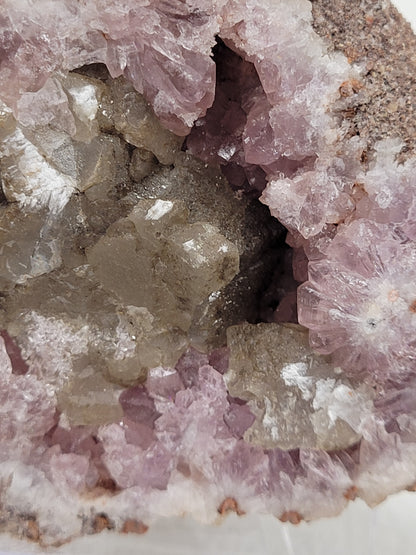 Pink Amethyst geode w/ calcite