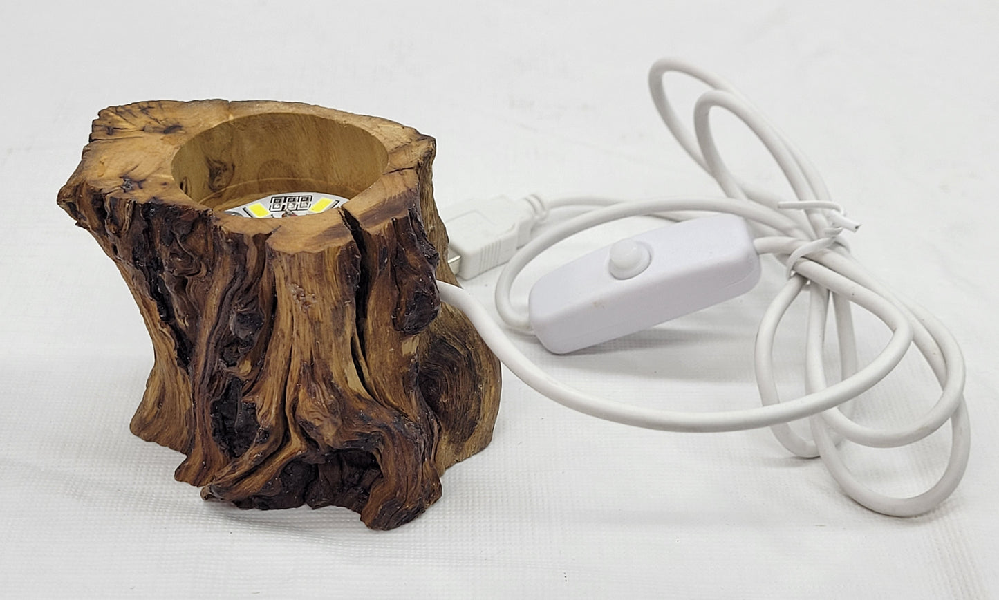 Wood stump lighted sphere stand