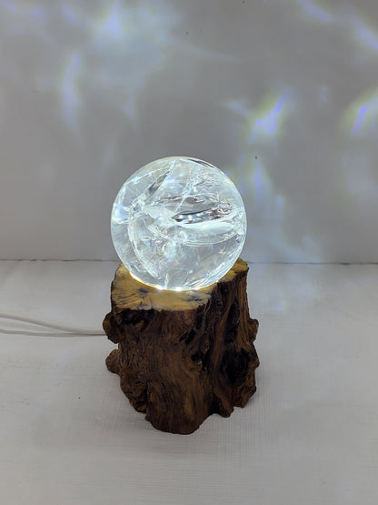 Lighted sphere stand - wood stump