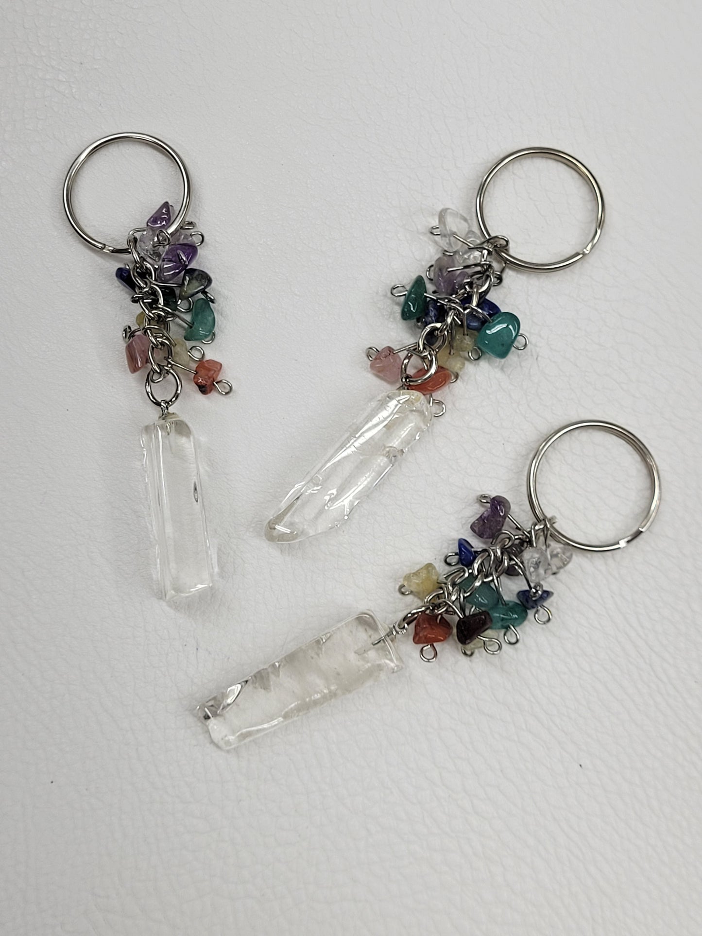 Keychain - Clear Quartz point w/ Chakra chips