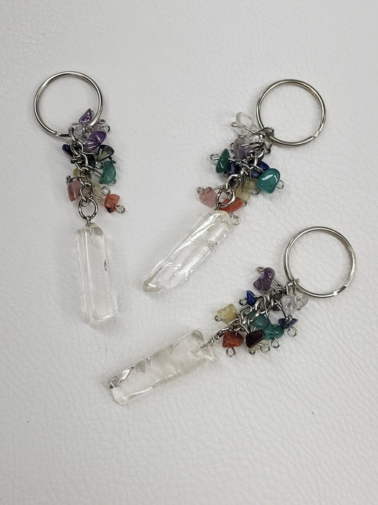 Keychain - Clear Quartz point w/ Chakra chips