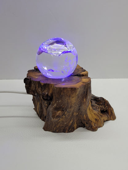 Lighted sphere stand - wood stump