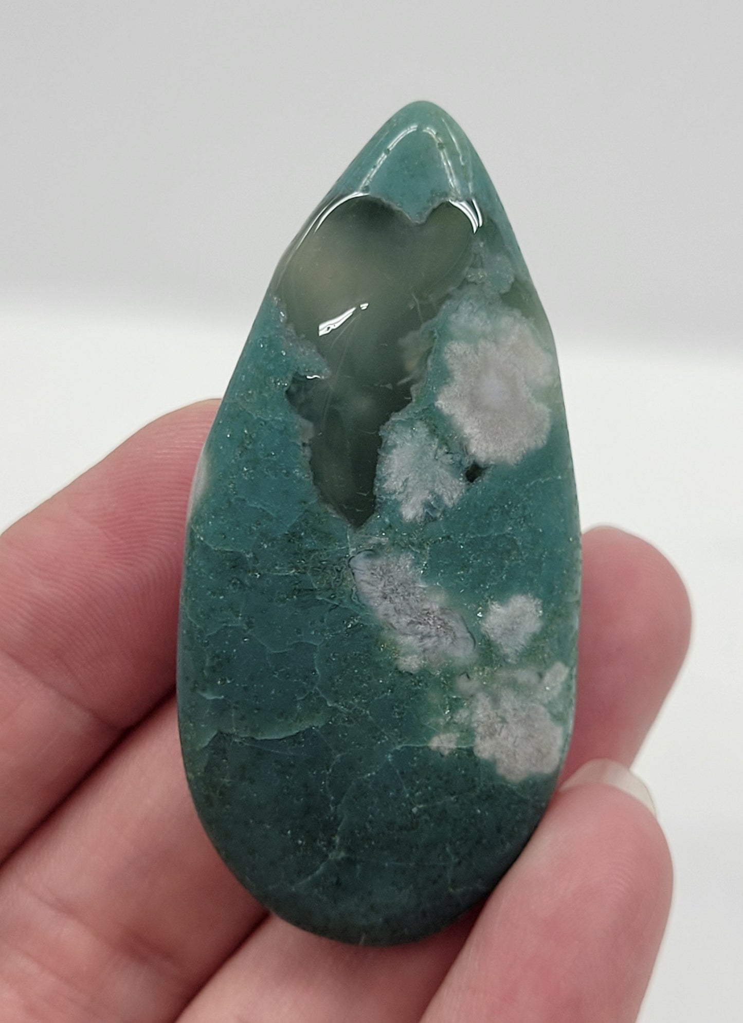 Green Flower Agate teardrop carving