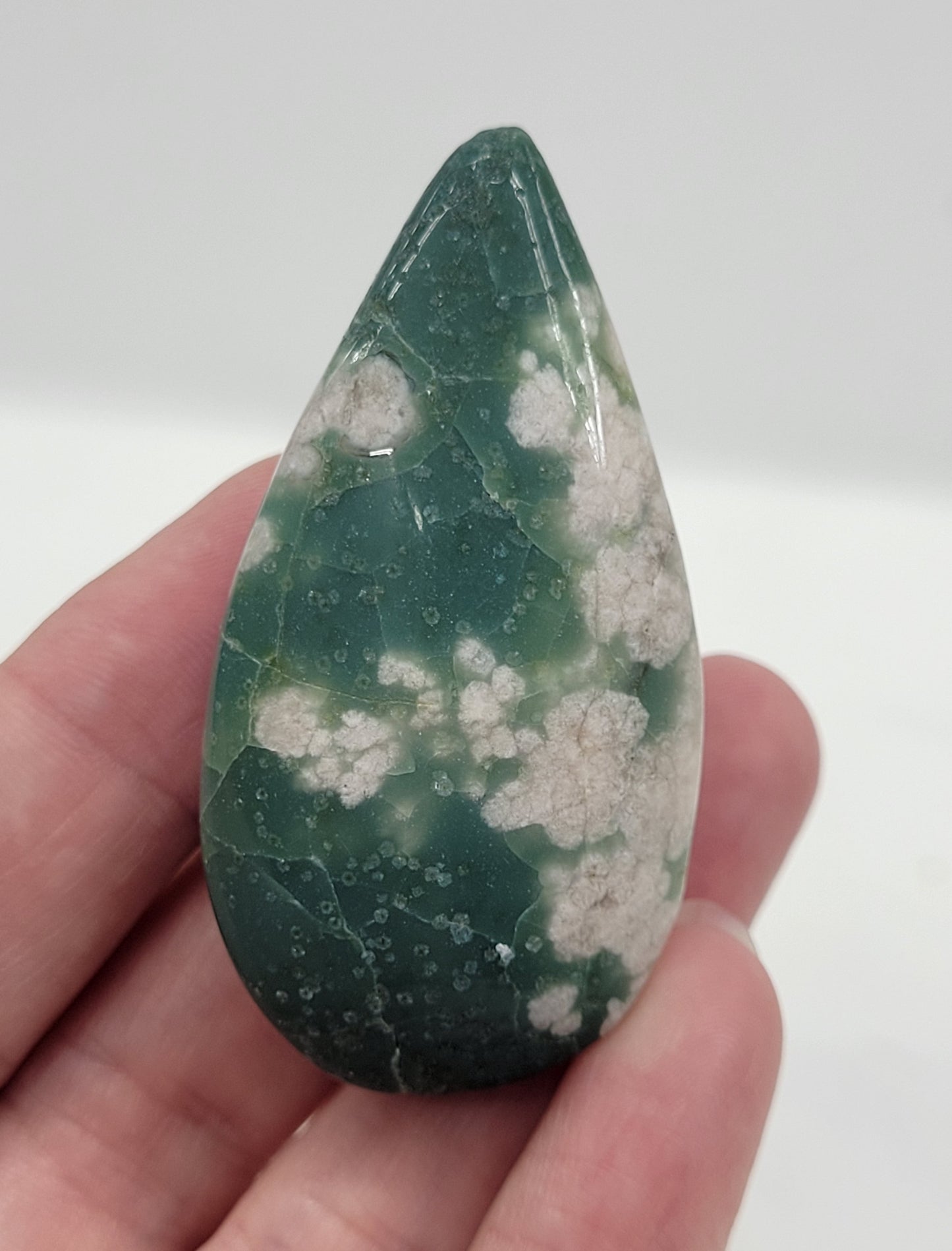 Green Flower Agate teardrop carving