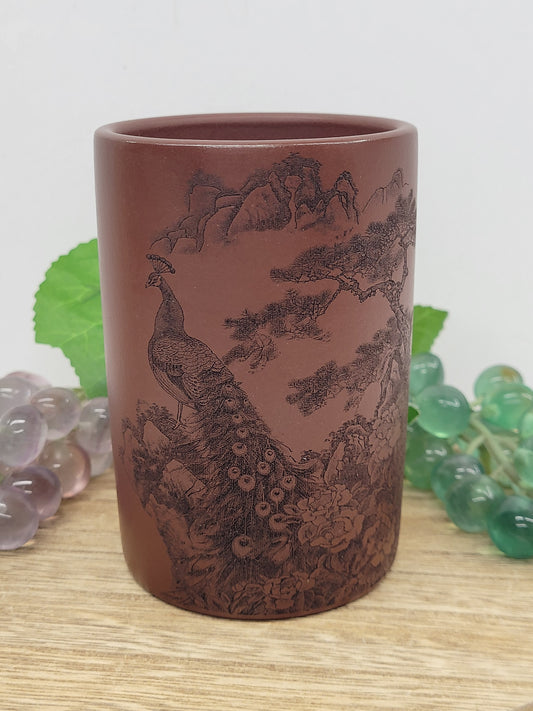 Yixing drinking cup - Hand etched Peacock