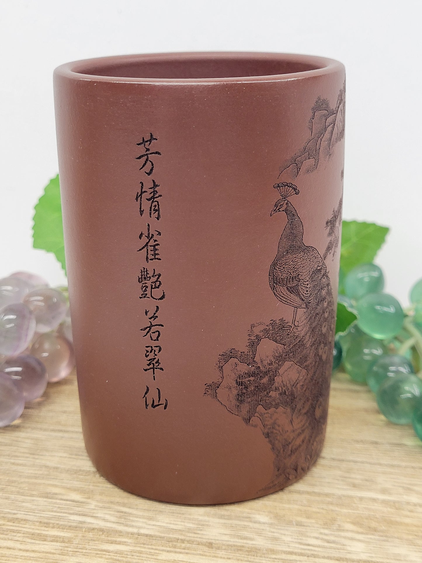 Yixing drinking cup - Hand etched Peacock