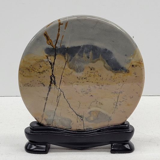 Picture Jasper slabs on stands, one small circle, displaying characteristic dendritic patterns against a white background.