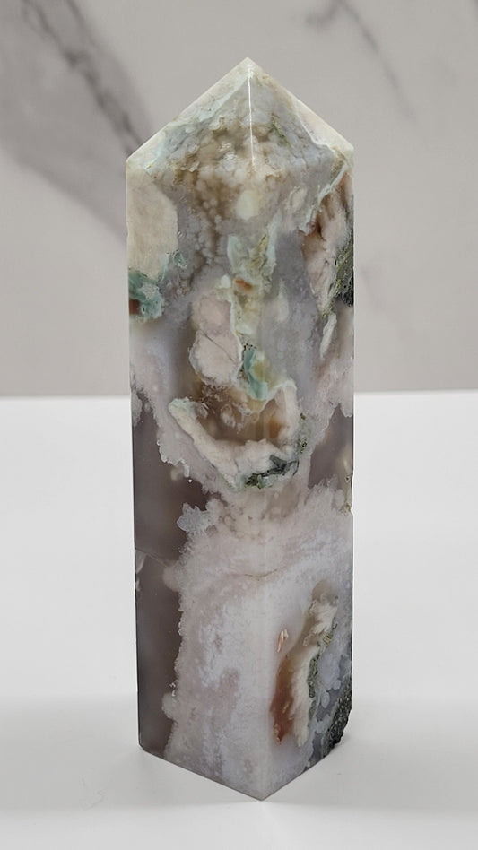 Green Flower Agate with Hematite tower