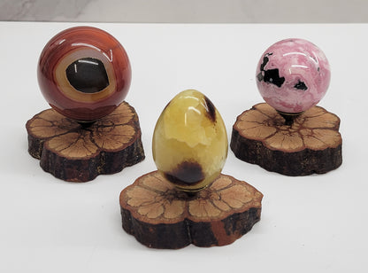Crystal sphere stand with funky wood base