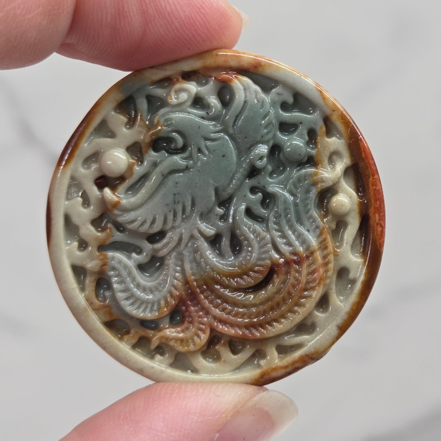 Alashan Agate mini carving - Phoenix coin
