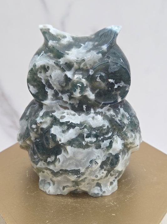 Owl carving large - Moss Agate