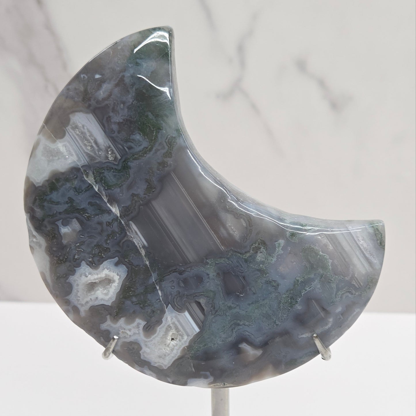 Moss Agate moon carvings