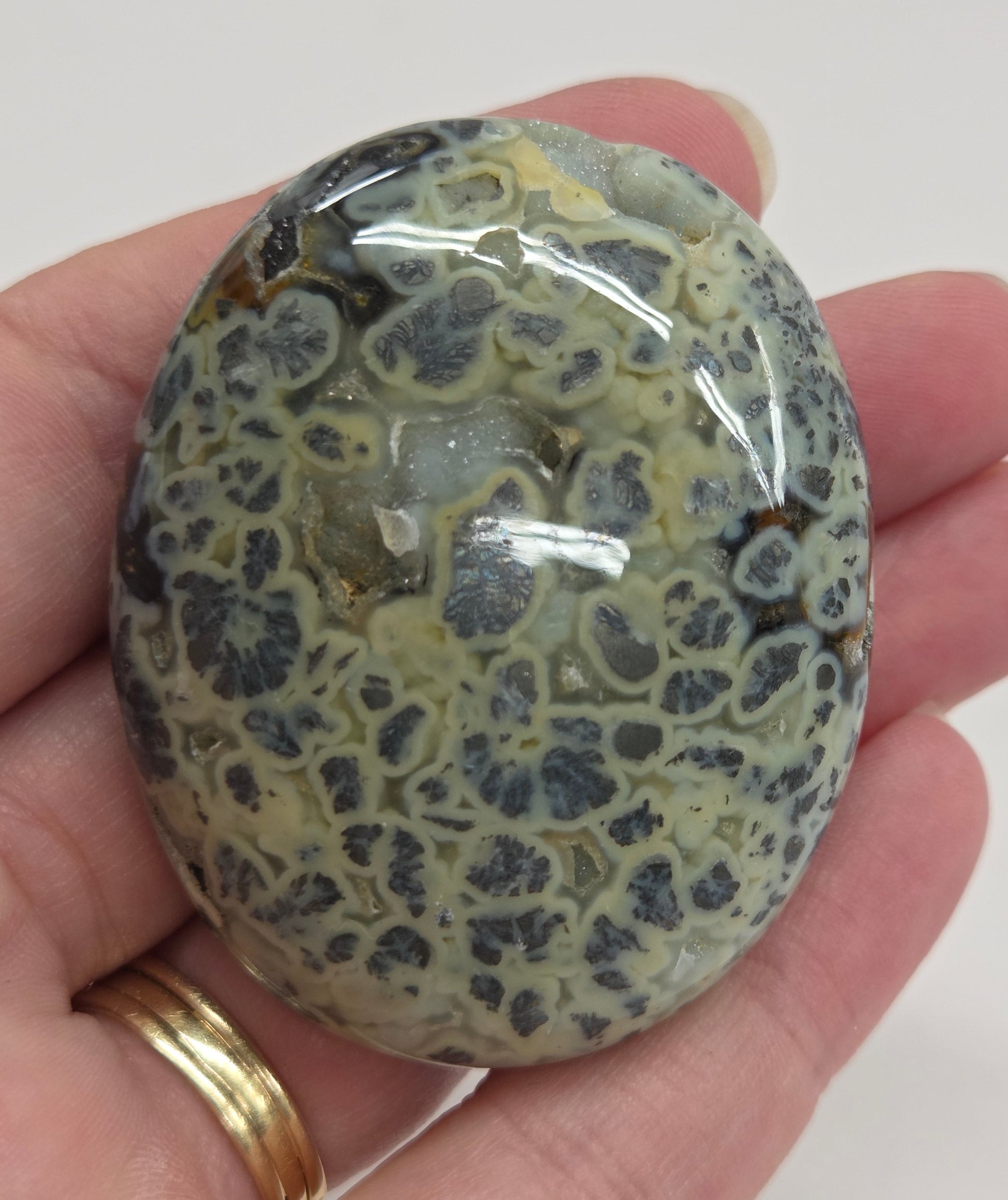 Hand holding a polished marcasite stone with various shades of red, orange, gold, and gray, displayed on a white surface.