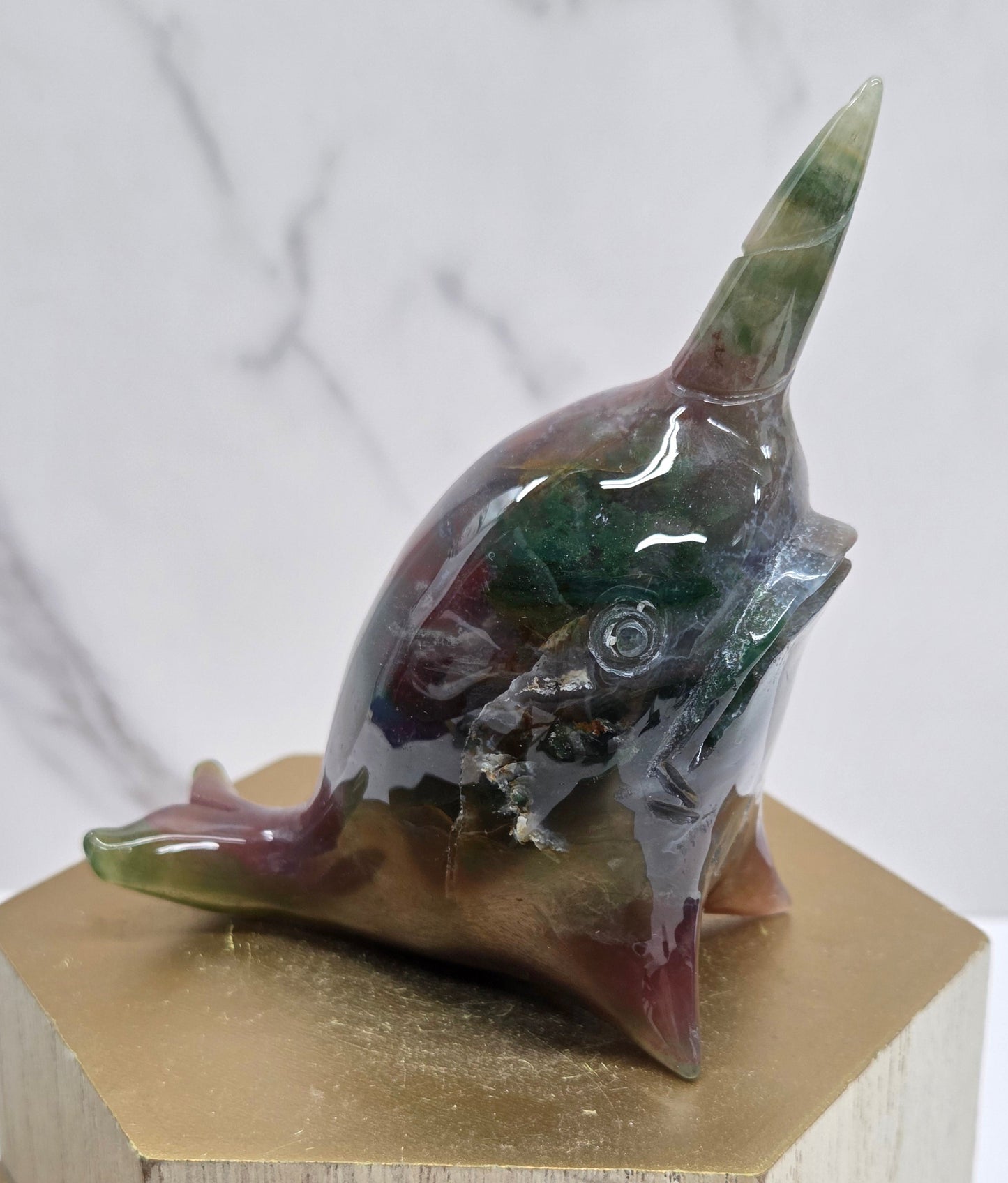 Narwhal carving - Ocean Jasper/Moss Agate