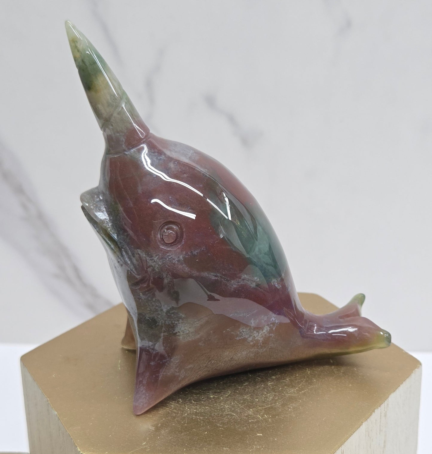 Narwhal carving - Ocean Jasper/Moss Agate