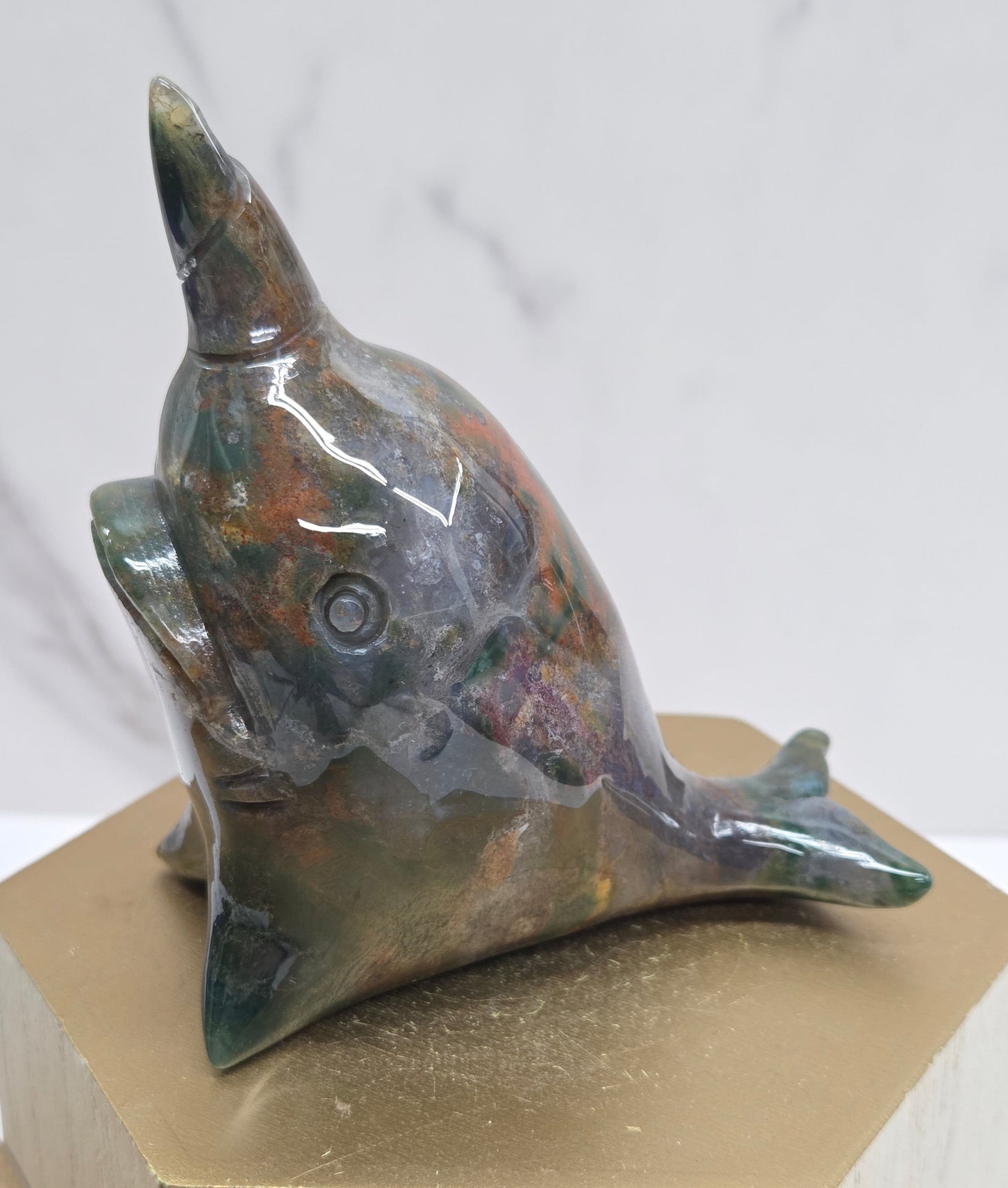 Narwhal carving - Ocean Jasper/Moss Agate