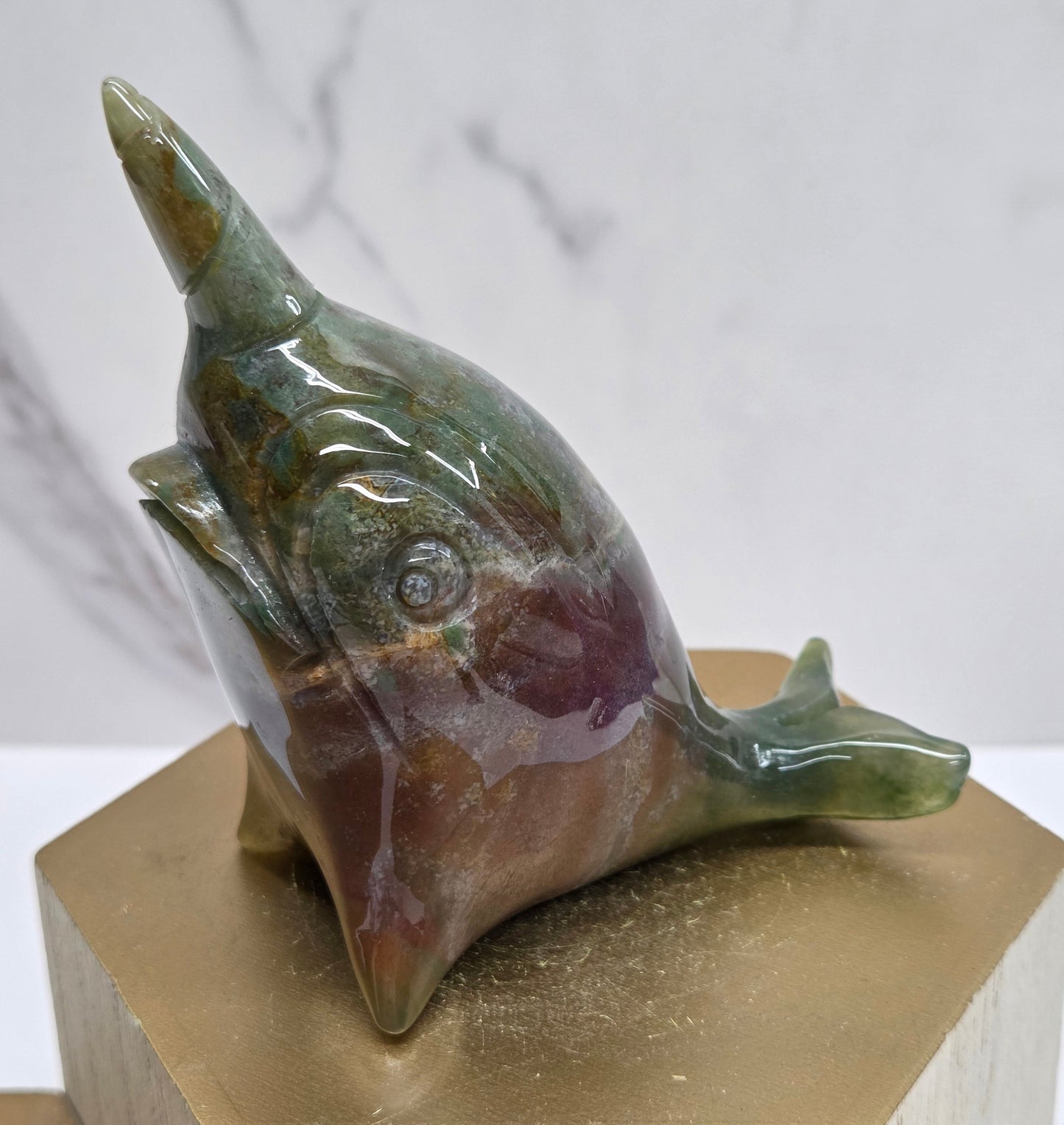 Narwhal carving - Ocean Jasper/Moss Agate