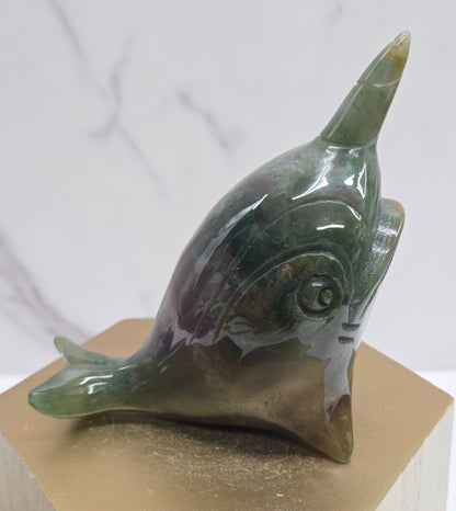Narwhal carving - Ocean Jasper/Moss Agate